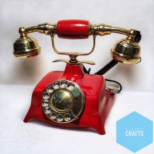Nautical Engraved Brass Red & Golden Vintage Rotary Phone Old Fashioned Telephon - Picture 2 of 5