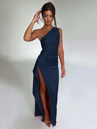 Womens Cocktail Long Dresses, One Shoulder Sexy Bodycon, Ruched Wrap Split Party - Picture 7 of 24
