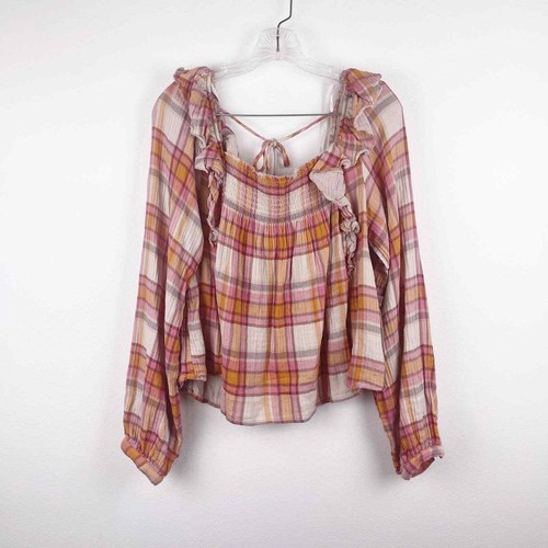 Free People Siena Pink Orange Plaid Pullover Top Blouse Western Women's Size XS - Picture 4 of 9