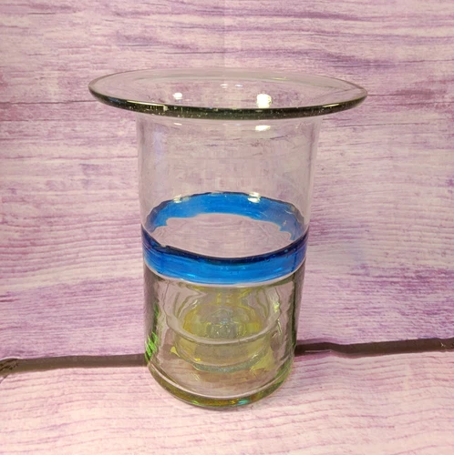 Hurricane Mouth Blown Glass Candle Holder Mexico Blue Clear 9 Inch Vintage 1997