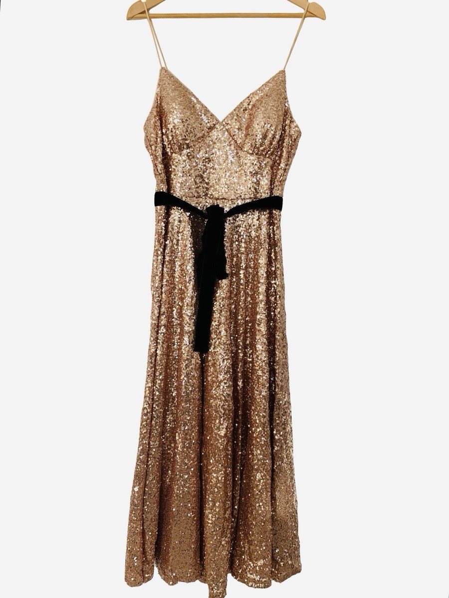 Forever Unique Rose Gold Sequin Velvet Bow Maxi Dress Size 10