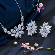 Sparkly Cubic Zircon Leaf Stud Earrings Necklace Silver Plated Women Jewelry Set
