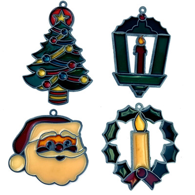 Lot 4 Sun Catchers Santa Wreath Stained Glass Style Christmas Tree Window Vtg