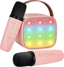 HuiJuKeJi Kids Karaoke Machine Portable Speaker 2 Wireless Microphone - Pink