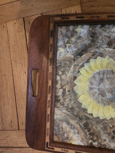 Vintage MCM Brazilian Morpho Butterfly Wing Mosaic Inlay Wood Serving Tray READ - Picture 7 of 21