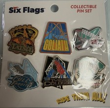 Six Flags Magic Mountain Collectible Pin Set Tatsu, X2, Goliath, Viper, Colossus