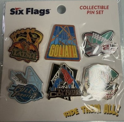Six Flags Magic Mountain Collectible Pin Set Tatsu, X2, Goliath, Viper, Colossus