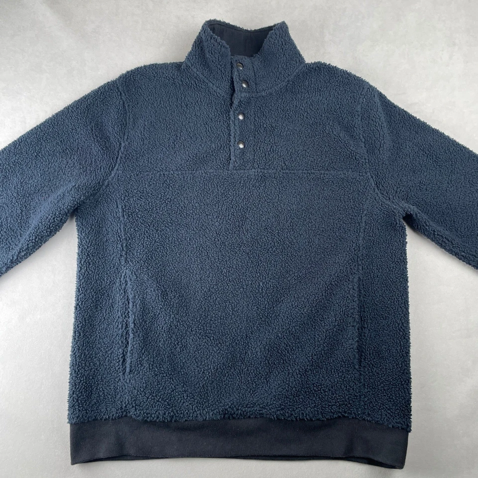 J Crew Sherpa Deep Pile Fleece 1/4 Snap Neck Pullover Blue Cozy Preppy Mens M - Image 2 of 4