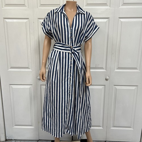 Zara Linin Blend Navy Striped Sailboat Dress Maxi Size L New - Picture 6 of 21