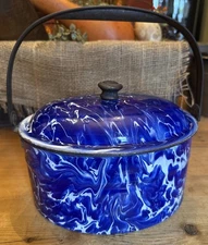 Antique Graniteware Lunch Pail Butter Carrier Cobalt Blue White Swirl