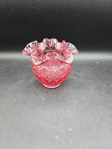 Vintage Glasvase Fenton rosa geschliffen Block Sterne Rüschenrand gestempelt - Bild 3 von 10