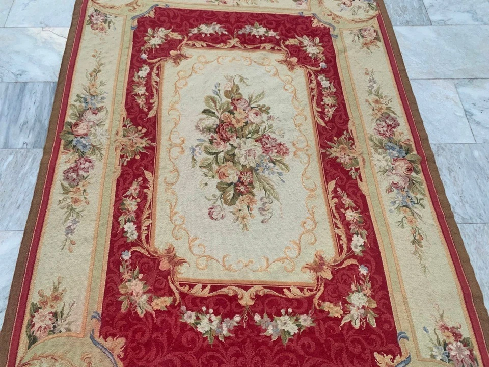 Alfombra vintage estilo francés Aubusson punta de aguja puntada de cadena 3x5 pies envío gratuito Foto 2 de 4