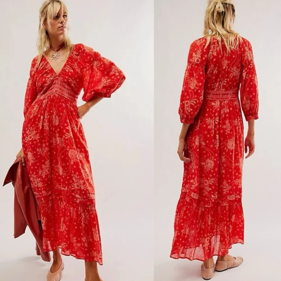 Maxi Vestido Free People Golden Hour Rojo Cereza Grande Bohemio Gitano Retro Años 70 Foto 2 de 4