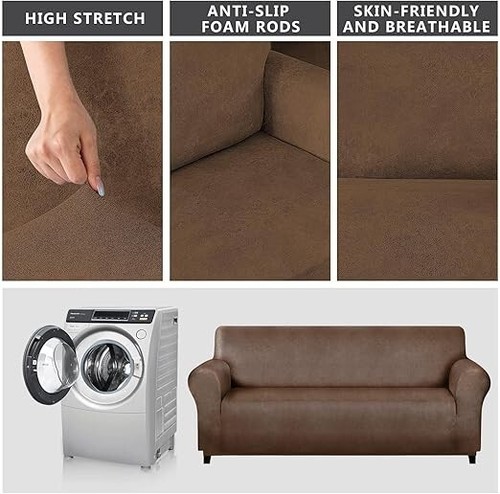Oversized Sofa Cover Leather-Like Soft 3 Cushion Couch Cover Brown - Picture 2 of 3