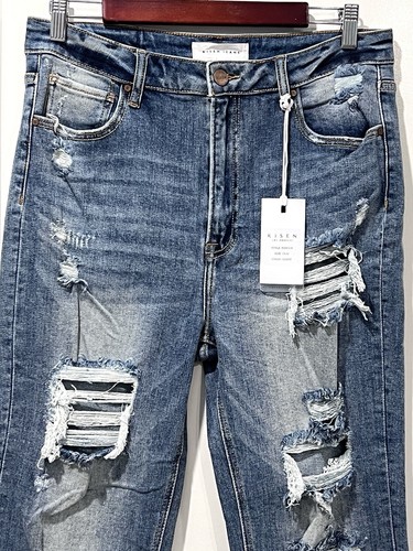 Risen Jeans Womens 15/32 Blue High Rise Straight Crop Distressed Stretch Denim - Picture 3 of 13