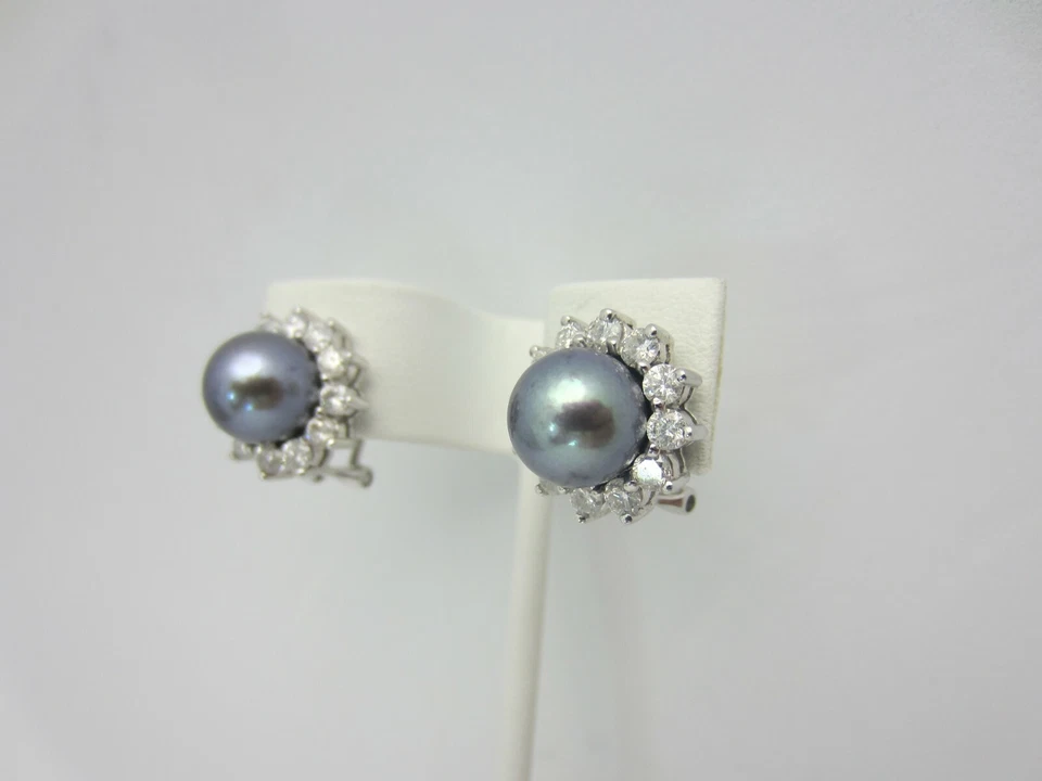 New 14K White Gold 9 mm Black Pearl and 1.75 Carat Diamond Earrings - Image 2 of 4