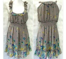 Forever 21 Dress Womens Small Peasant Floral Chiffon Lined Ruffle Tan Blue Work