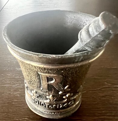 VINTAGE PHARMACY EDICT OF 1240 BRASS MORTAR AND PESTLE BY CORICIDIN SCHERING