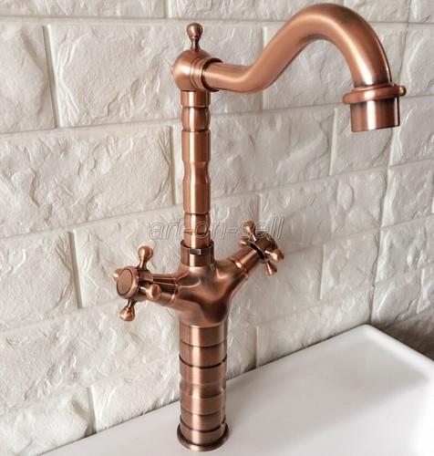 Antique Red Copper Bathroom Vanity Sink Faucet Dual Cross Handles Mixer Tap - Picture 7 of 9