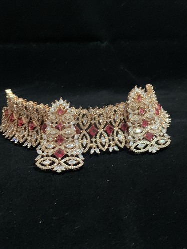 Luxury Necklace Set In Choker Style- Rose Gold (cubic Zirconia & Red Gemstones) - Picture 18 of 20