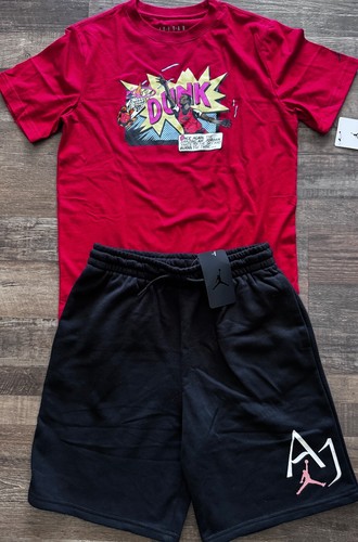 NWT Nike Jordan Boys YLG Black/Red/White Comic Fleece Shorts Set Large