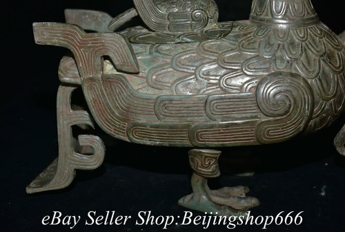 14.8" Antique Chinese Bronze Ware Silver Western Zhou period Bird Zun Statue - Picture 4 of 12