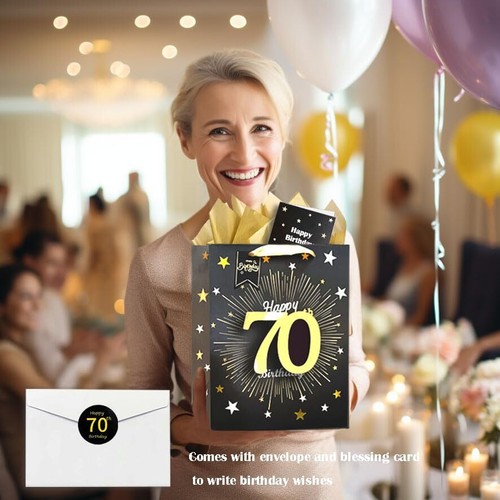 70th Birthday Gift Bag Black Happy Birthday Gift Bag Card and Tissue Paper - Picture 4 of 8