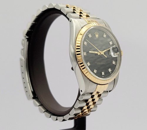 Mens Rolex 16233 Two-Tone Datejust Watch w/ Factory Black Diamond Dial Excellent - Picture 4 of 9