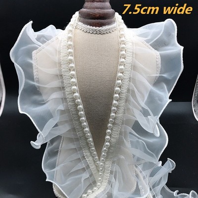 Organza Beaded 3D Ruffled Lace Fabric Dress Fluffy Collar Sleeves Hem  Decoration | eBay