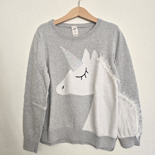 Oshkosh B’Gosh Girls Size 10 Gray Unicorn Sweater White Sequins Fringe - Picture 2 of 7