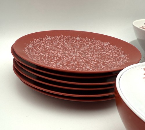 Raro vassoio ovale con coperchio 6 piatti Noritake melamina Ware motivo rosso bianco - Foto 3 di 10