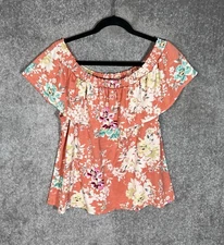 LC Lauren Conrad Off The Shoulder Top Womens Size XL Coral Floral Stretch Ruffle