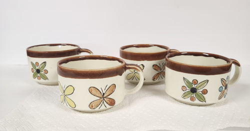 Vtg Retro 70s Otagiri? Stoneware Floral Butterfly Coffee Mugs Soup Mugs Set of 4