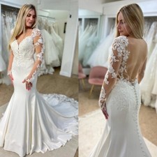 Mermaid Wedding Dresses Long Sleeves V Neck Backless Sweep Train Bridal Gowns