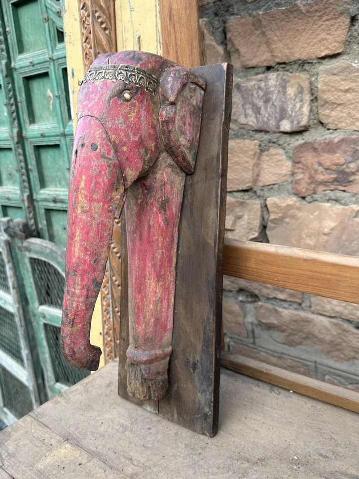 Antigua figura de madera rústica pintada hermosa cabeza de elefante colgante de pared Foto 2 de 4