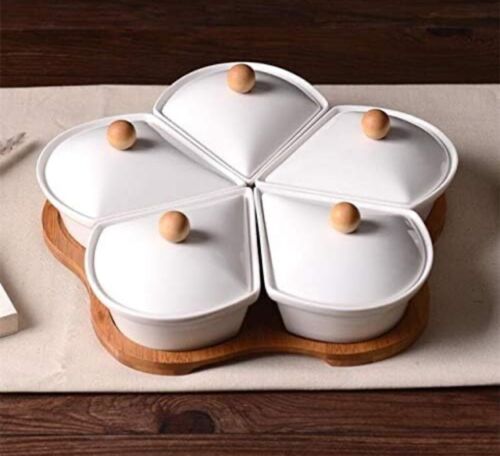 Ceramic & Bamboo Divided Charcuterie Appetizer Tray Lazy Susan Party With Lids - Picture 2 of 12