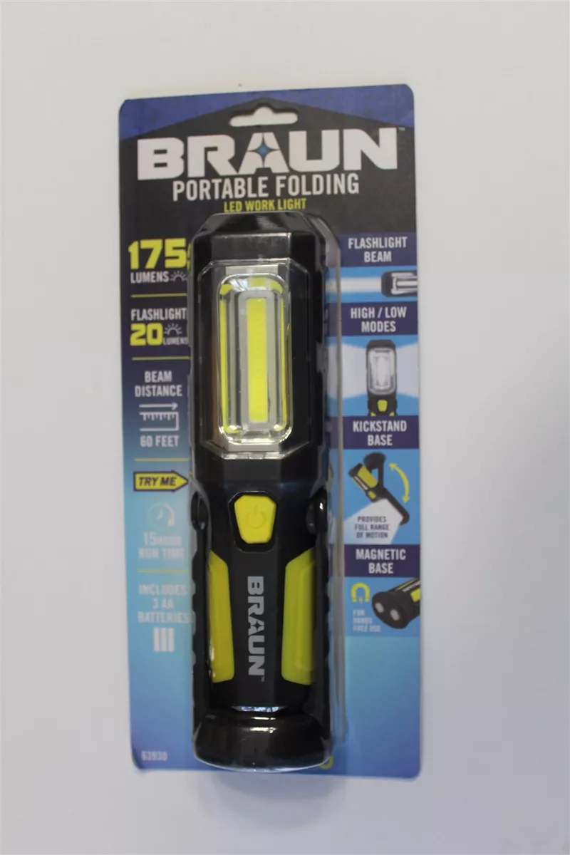 NEW Braun Portable Folding LED Work Light 175 Lumens Magnetic Base Flashlight