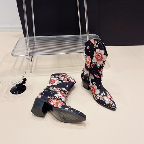 Women Pointed Toe Block Heels Floral Printed Mid Calf Boots Rhinestone Zip Boots - Picture 22 of 24