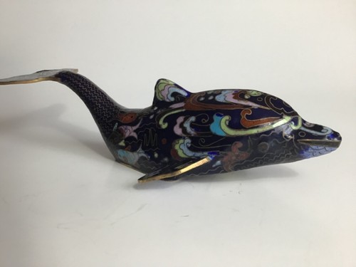 Vintage bemalter Delfin Emaille Goldrand Fische Wellen - Bild 1 von 5