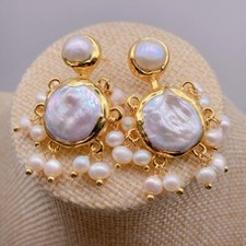 Cultured White Coin Pearl Dangle Stud Earrings