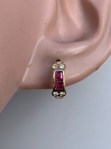 18ct gold diamond pink sapphire hoop earrings - Picture 7 of 7