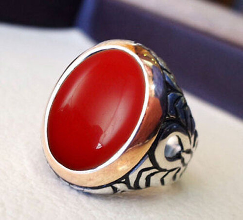 Solid 925 Sterling Silver Italian Red Coral Birthstone Partywear Gift Men's Ring - Picture 6 of 10