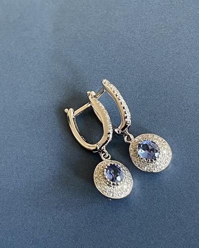 Diamond Sapphire Earrings 14ct White Gold in 1ct Oval Halo Cluter Drop Hoops - Picture 8 of 12