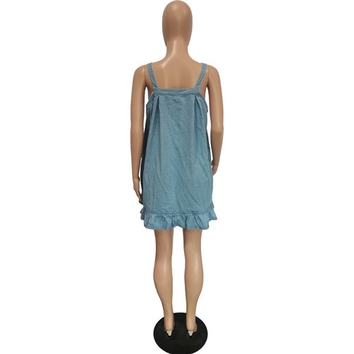 CLEARANCE - Size XL - Solid Color Sling Button Pocket Loose Denim Dress - Imagen 3 de 9