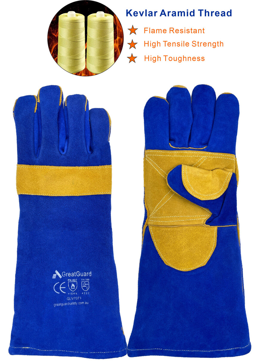 Leather Welding Glove Blue Reinforce made with Kevlar yarn Stitched