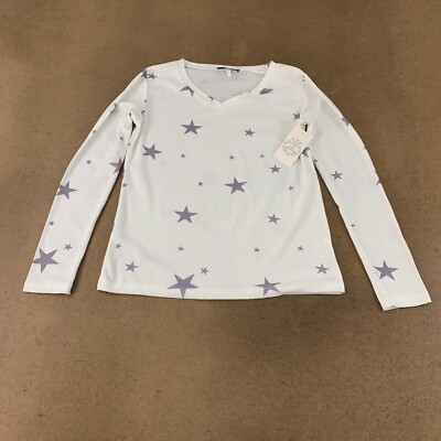 Floral Blooming Women's Size Medium White Star Print Long Sleeve V Neck PJ Top