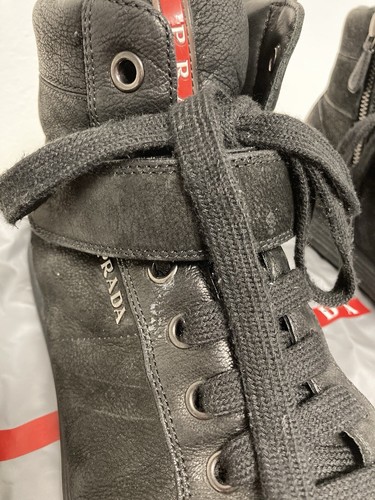 Prada Sport High Tops black Trainers Leather Suede Zip Strap Dust bag size 8.5 - Picture 24 of 24
