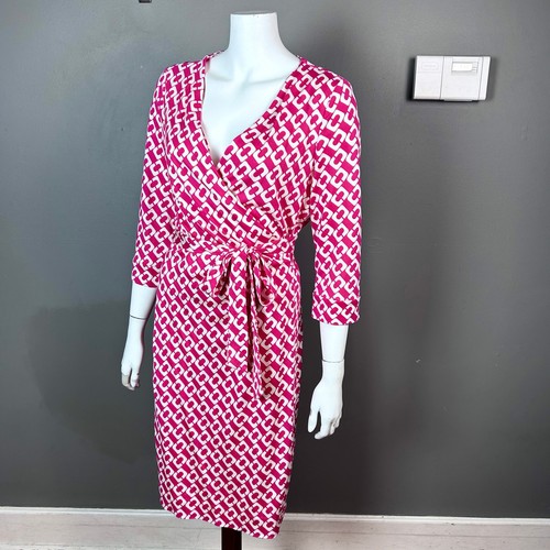 Diane von Furstenberg wrap dress size 12 NEW pink white midi silk patterned - Afbeelding 6 van 12