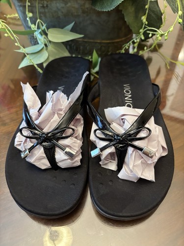 Vionic Bella II Sandal 7 Black Patent Leather Bow Orthotic Comfort Slip On Thong