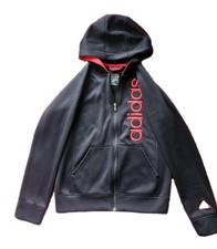 Adidas Kids Youth 14/16 Black And Red Hoodie Sweatshirt Full Zip Pockets Jacket